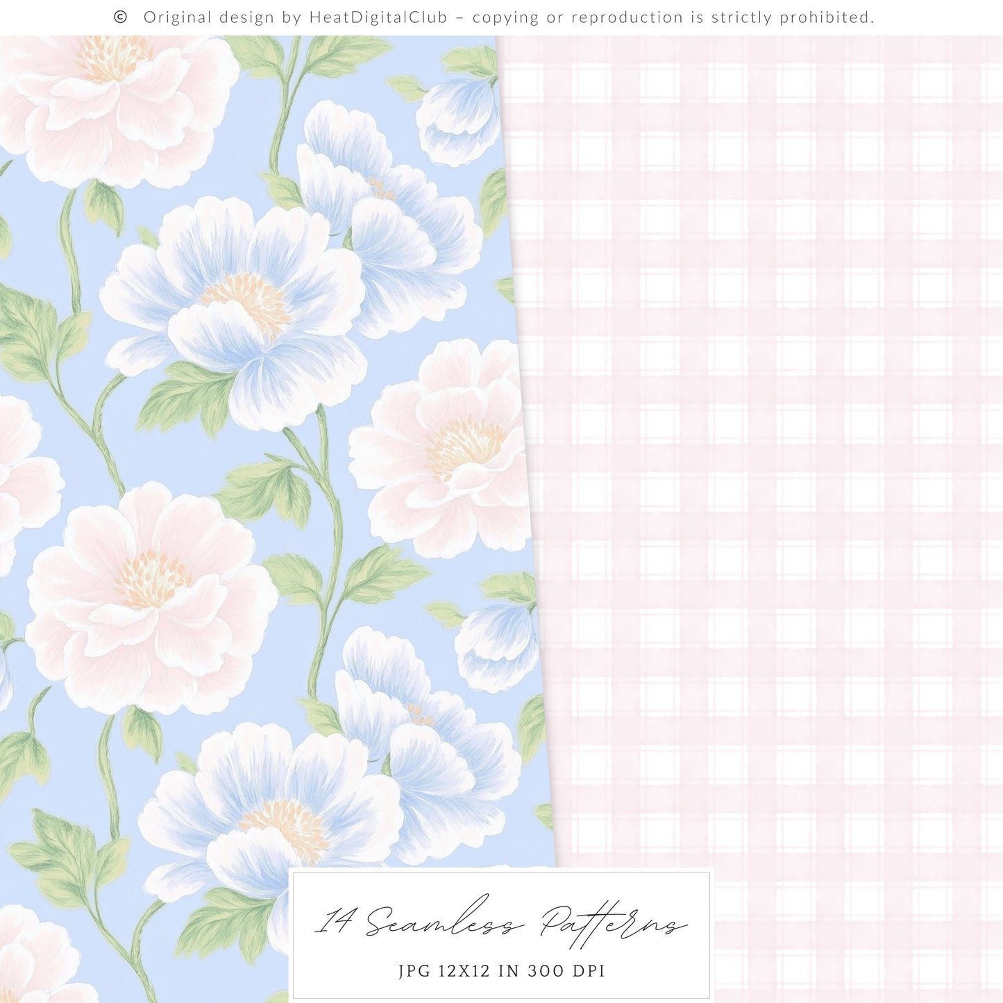 Grandmillennial - Seamless Patterns, Set 3, Pastel Floral, Stripes, Plaid, Glitter | 14 JPEG
