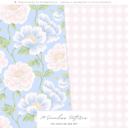 Grandmillennial - Seamless Patterns, Set 3, Pastel Floral, Stripes, Plaid, Glitter | 14 JPEG