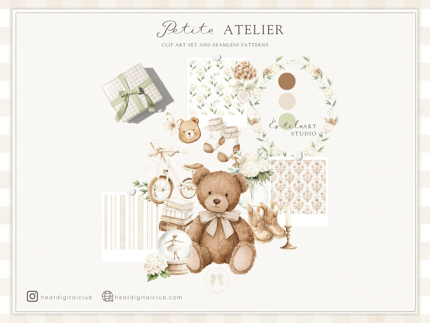 Petite Atelier - Clipart, Heirloom Baby Toys, Vintage Nursery, Neutral Baby Shower, Plush Toys | 105 PNG/JPEG