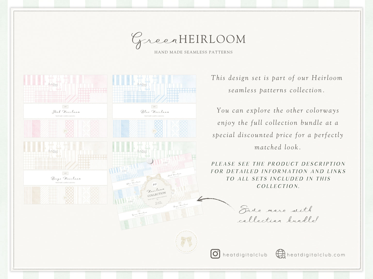 Green Heirloom - Seamless Patterns, Classic Stripe Gingham Damask Bows, Elegant Digital Paper | 20 JPEG