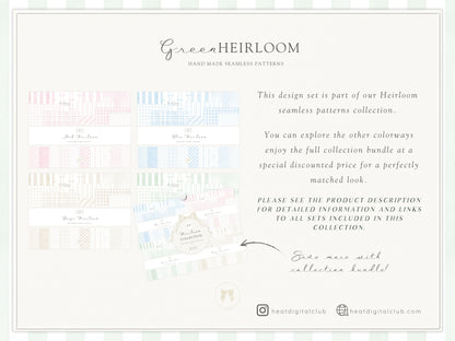 Green Heirloom - Seamless Patterns, Classic Stripe Gingham Damask Bows, Elegant Digital Paper | 20 JPEG