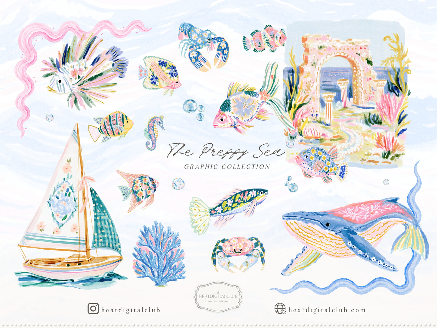 The Preppy Sea - Watercolor Clipart Bundle, Tropical Reef, Sea Creatures, Summer Beach | 143 PNG/JPEG