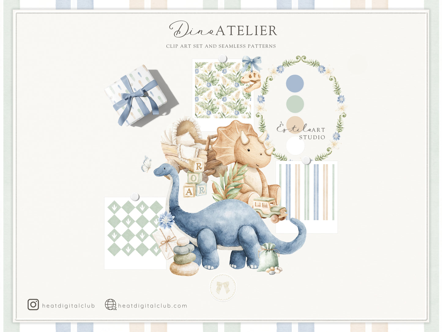 Dino Atelier - Clipart, Baby Dinosaurs, Plush Toys Animals, Prehistoric Baby Shower, Nursery | 102 PNG/JPEG