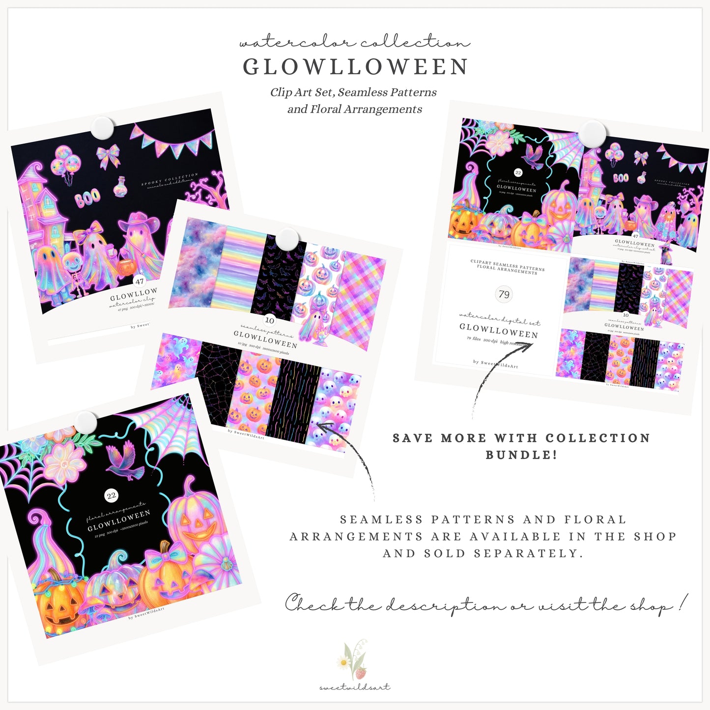Glowlloween - Neon Halloween Clipart, Ghost, Cute Spooky, Pumpkins | 47 PNG