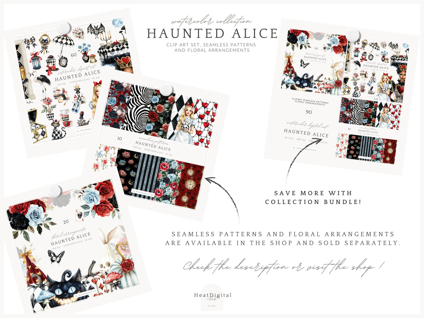 Haunted Alice - Halloween Clipart, Gothic Wonderland, Cheshire Cat, Flamingos | 60 PNG