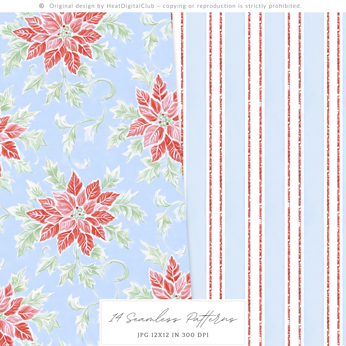 Merry Christmas - Seamless Patterns Set 2, Grandmillennial Holiday, Stripes, Plaid | 14 JPEG