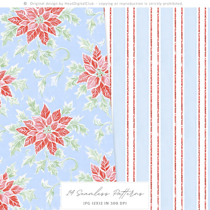 Merry Christmas - Seamless Patterns Set 2, Grandmillennial Holiday, Stripes, Plaid | 14 JPEG