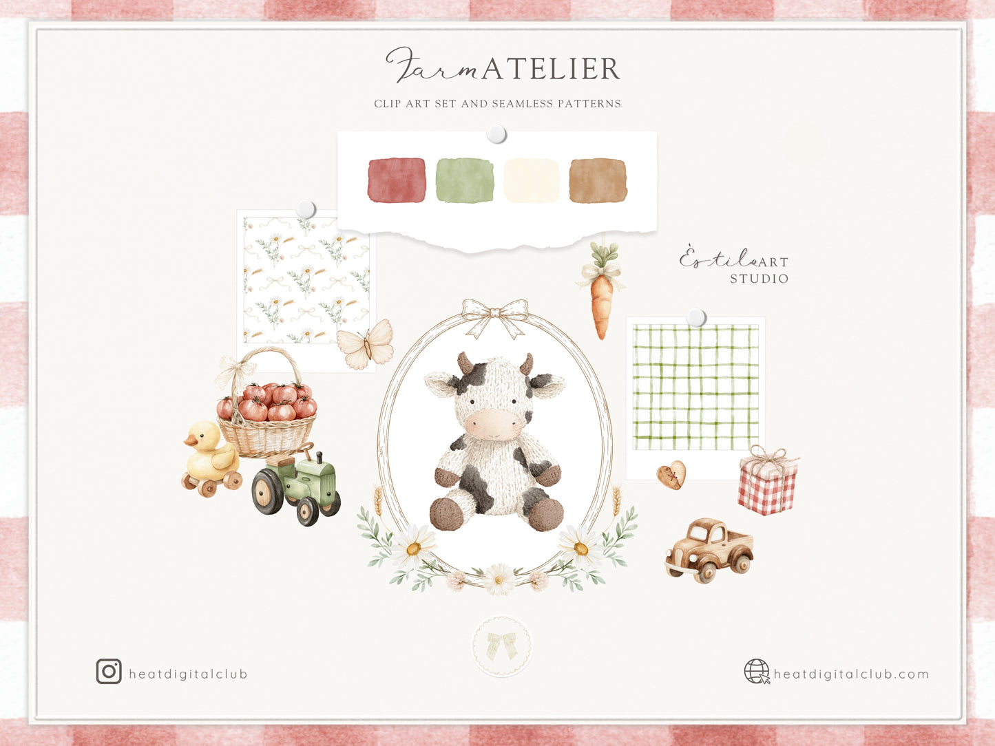 Farm Atelier - Clipart, Heirloom Nursery, Vintage Barn Animals, Farmhouse Baby Shower, Cottage Farm Seamless Patterns | 104 PNG/JPEG