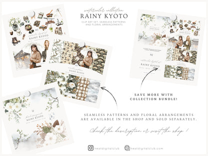 Rainy Kyoto - Japanese Aesthetic Clipart, Cozy Rainy City, Kyoto Travel, Japan | 60 PNG