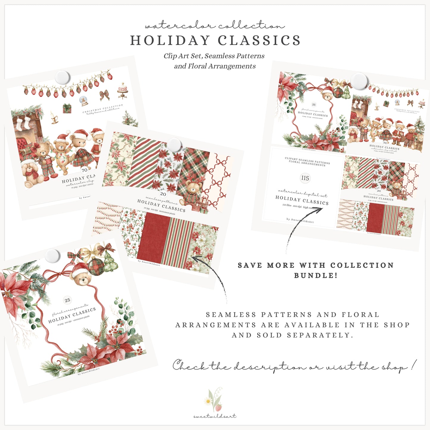 Holiday Classics - Christmas Teddy Bears Clipart, Cute Festive Nursery Animals | 70 PNG