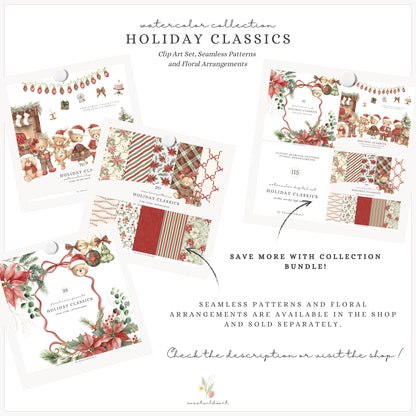 Holiday Classics - Christmas Teddy Bears Clipart, Cute Festive Nursery Animals | 70 PNG