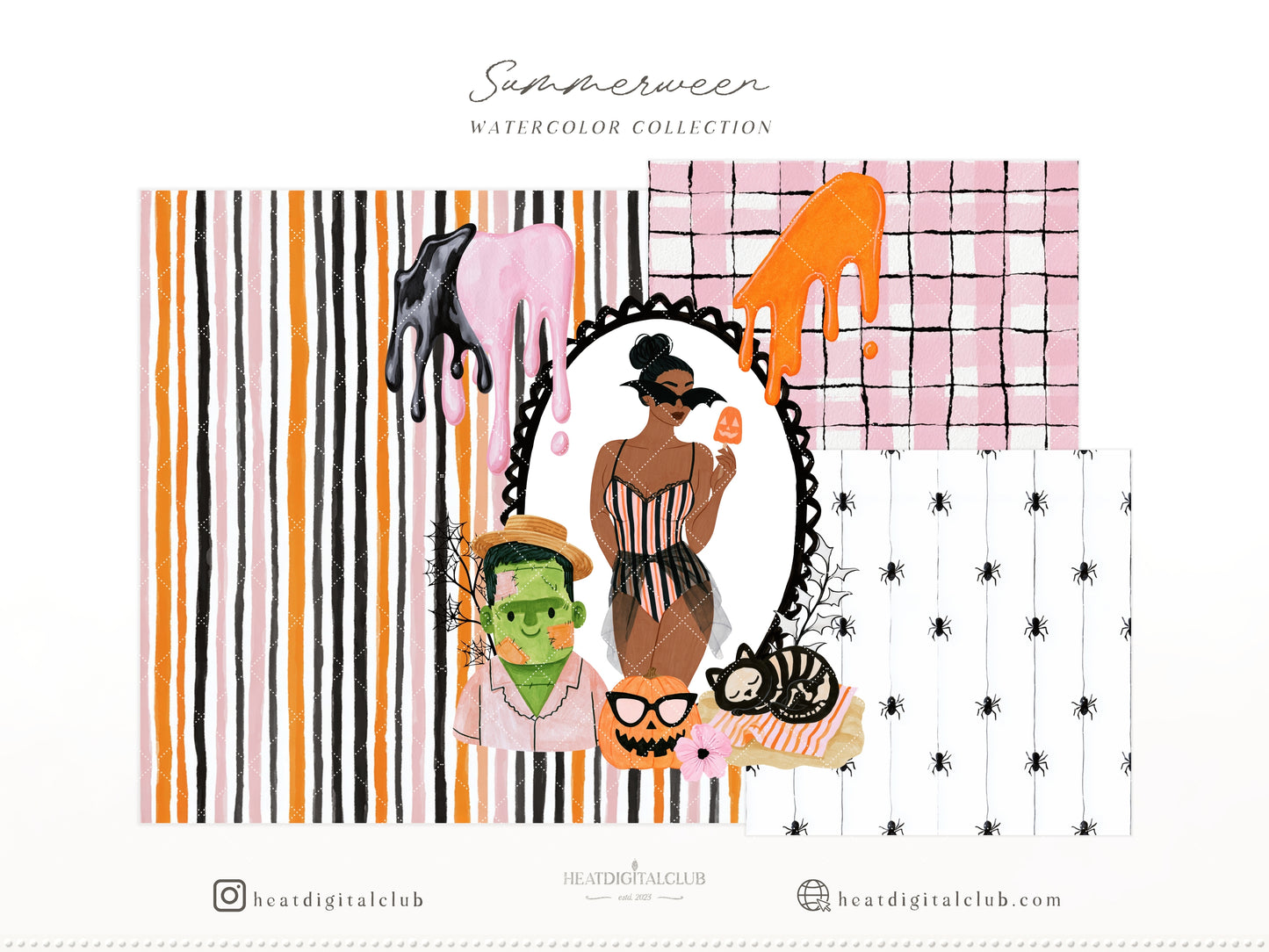 Summerween - Clipart Bundle, Halloween Summer, Spooky Beach Party, Pink Orange Black, Seamless Patterns | 96 PNG/JPEG