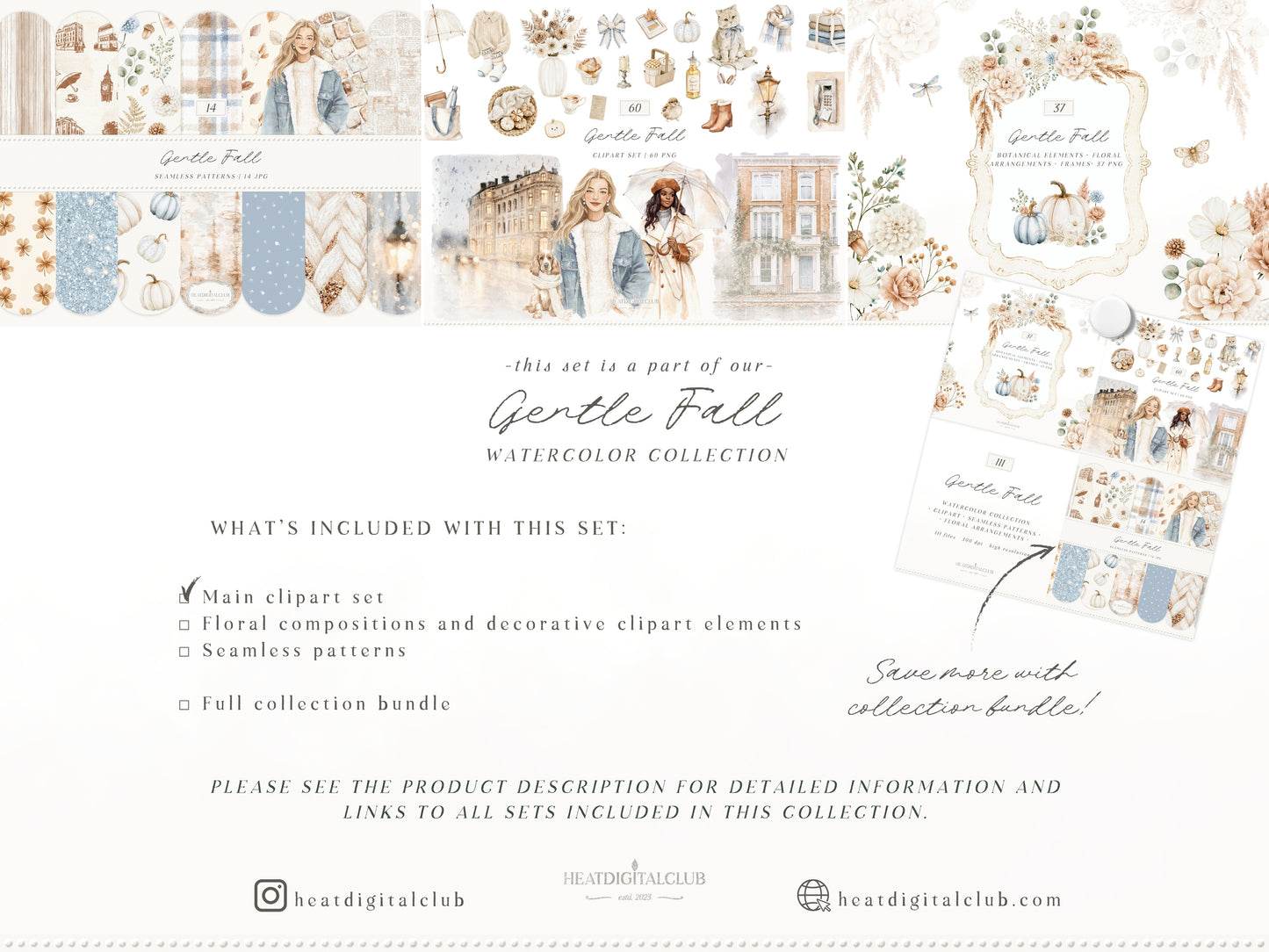 Gentle Fall - Clipart, London Autumn, Cozy Autumn, Neutral Fall Aesthetic, Rainy Day | 60 PNG