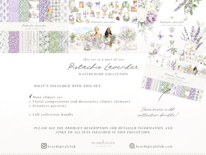 Pistachio Lavender - Clipart, French Countryside Aesthetic, Lavender Field, Romantic Spring | 60 PNG
