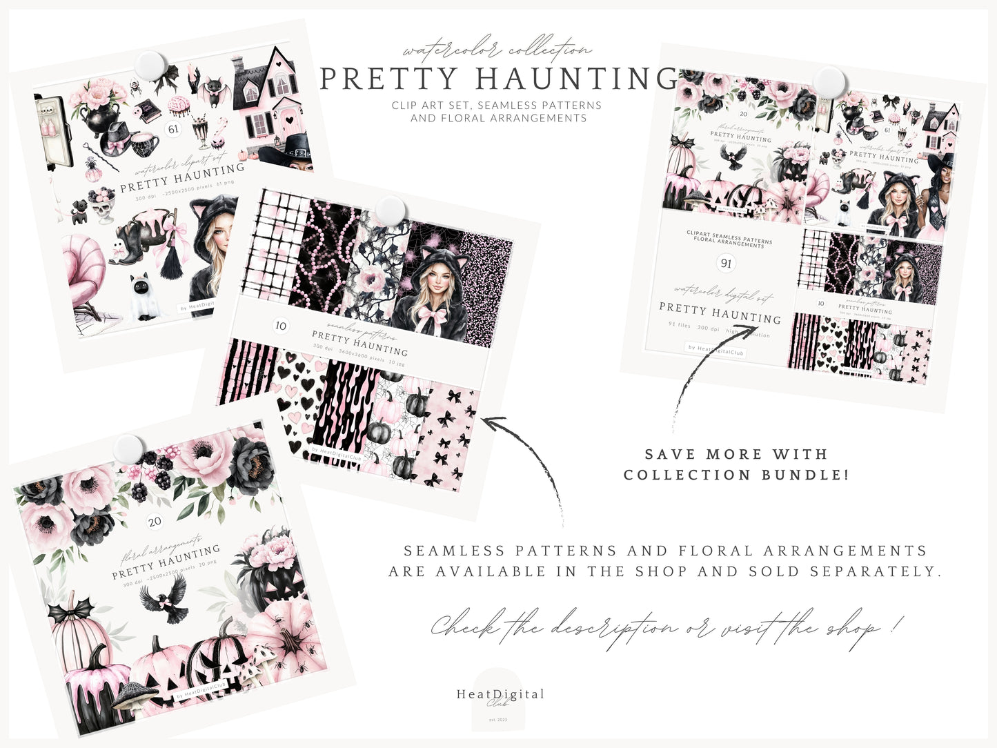 Pretty Haunting - Clipart, Black & Pink Halloween, Cozy Spooky Haunted House| 61 PNG