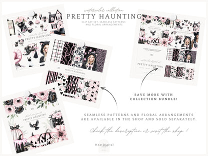 Pretty Haunting - Clipart, Black & Pink Halloween, Cozy Spooky Haunted House| 61 PNG
