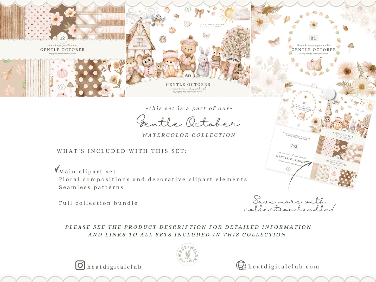 Gentle October - Watercolor Fall Animals Clipart Bundle, Kids Woodland PNG Collection | 60 PNG