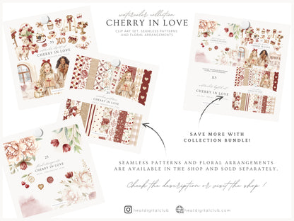 Cherry in Love - Valentine's Day Clipart, Cute Animals, Hearts, Cupcakes, Romantic Love | 70 PNG