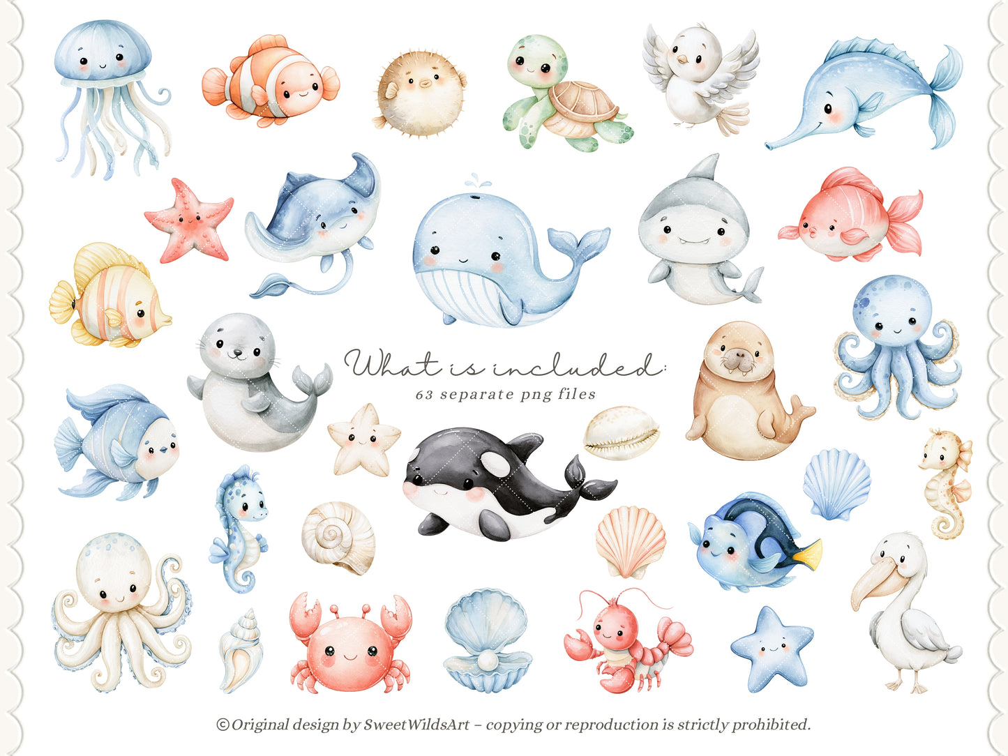 Seaside Friends - Watercolor Sea Animals Clipart, Underwater Animals, Nursery, Cute Baby Animals, Baby Shower  | 71 PNG/JPEG