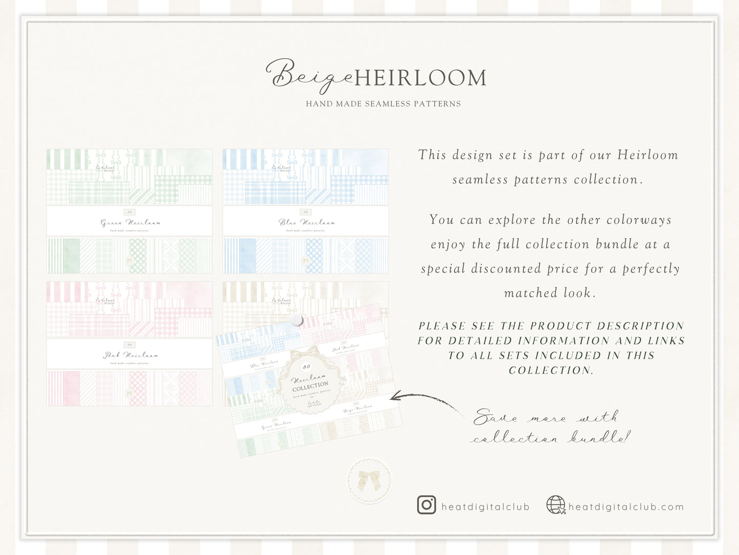 Beige Heirloom - Seamless Patterns, Classic Stripe Gingham Damask Bows, Elegant Neutral Digital Paper | 20 JPEG