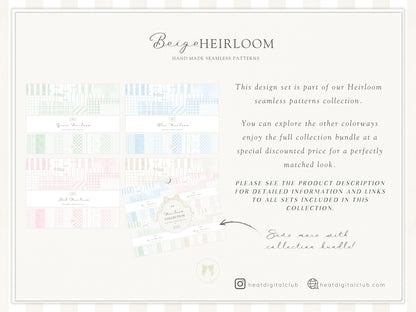 Beige Heirloom - Seamless Patterns, Classic Stripe Gingham Damask Bows, Elegant Neutral Digital Paper | 20 JPEG