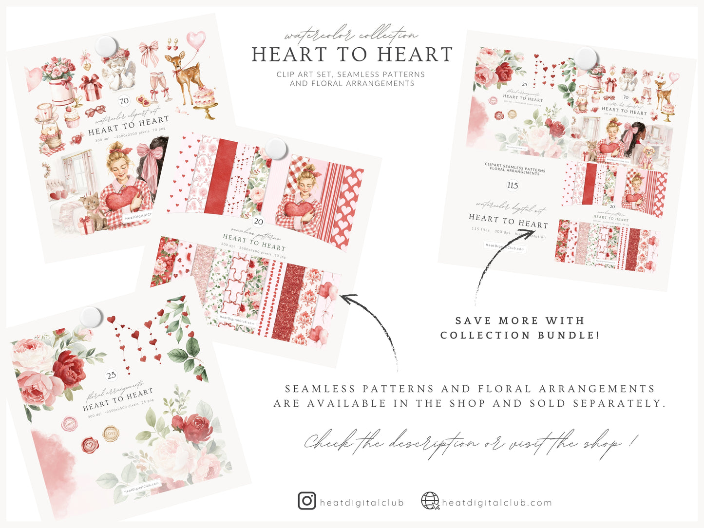Heart to Heart - Valentine's Day Clipart, Cute Animals, Hearts, Bows, Romantic Love | 70 PNG