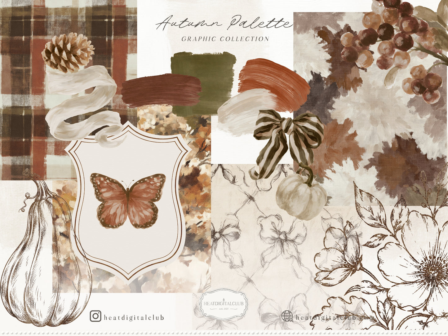 Autumn Palette - Clipart, Vintage Fall Backgrounds, Botanical Bundle | 121 PNG