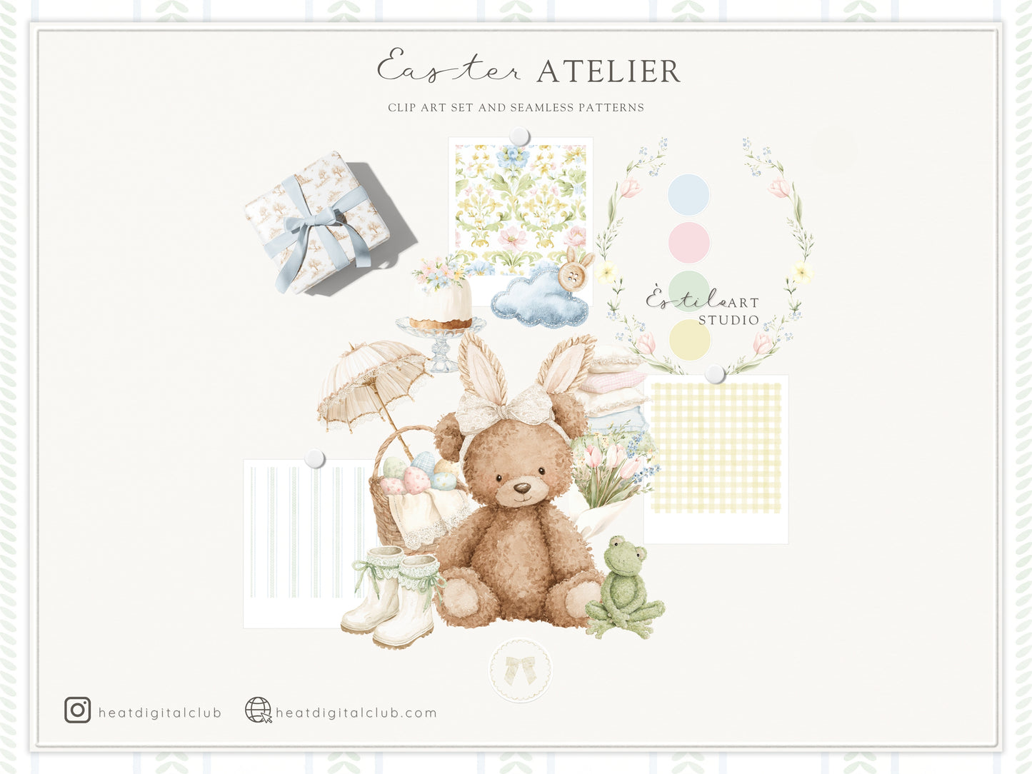 Easter Atelier - Clipart Set, Heirloom Nursery Easter, Plush Bunny Toys, Pastel Eggs | 117 PNG/JPEG