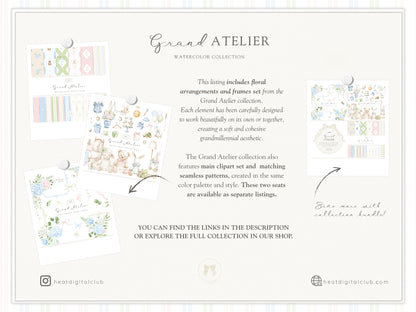 Grand Atelier - Floral Arrangements Clipart, Blue Hydrangea, Pink Peony Flowers, Baby Shower | 46 PNG