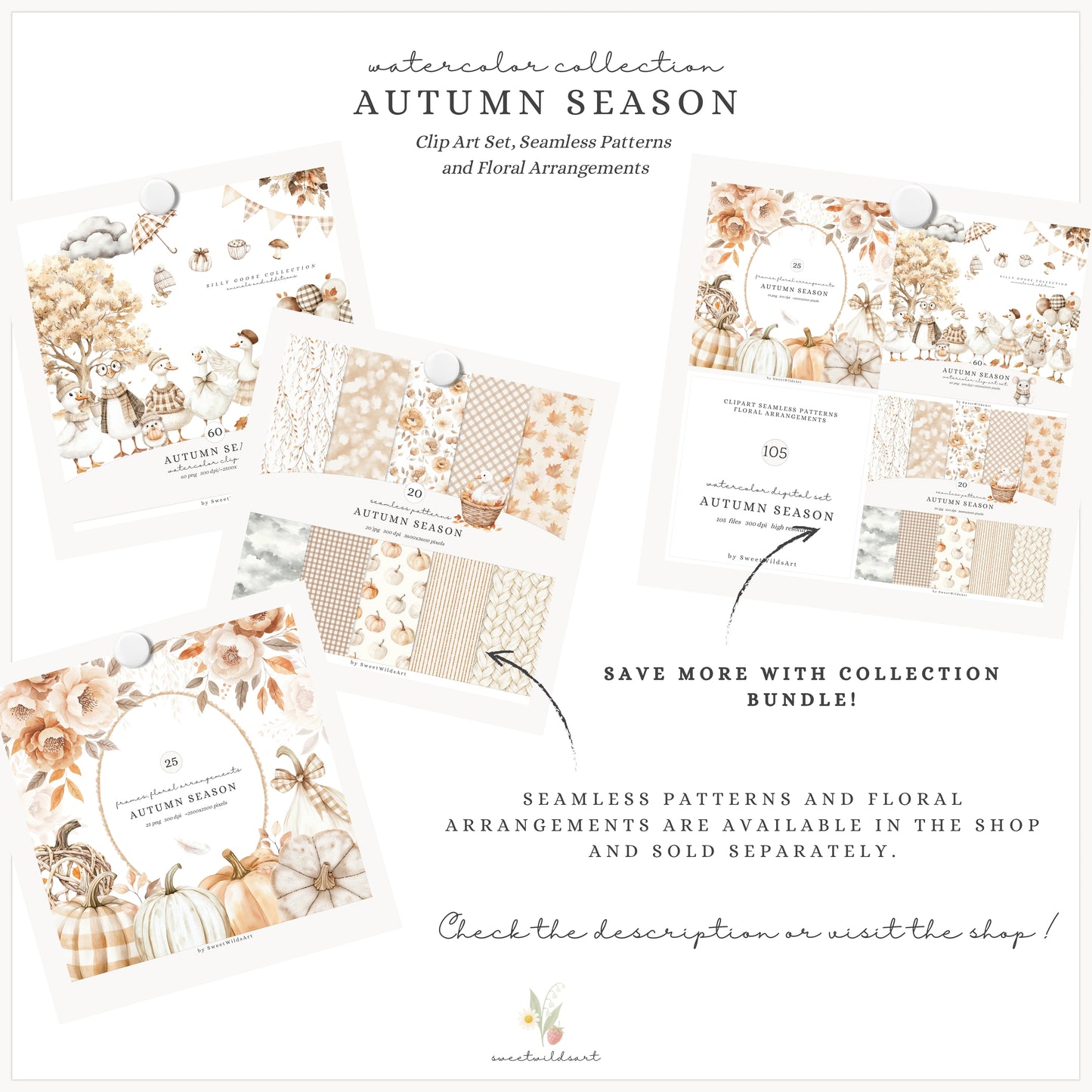 Autumn Season - Cute Fall Silly Goose, Cozy, Kids Clipart, Baby Shower | 60 PNG