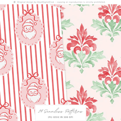 Merry Christmas - Seamless Patterns Set 1, Grandmillennial Holiday, Stripes, Plaid | 14 JPEG