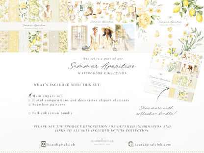 Summer Aperitivo - Italian Lemon Clipart, Limoncello Aesthetic, Citrus, Mediterranean Travel | 60 PNG