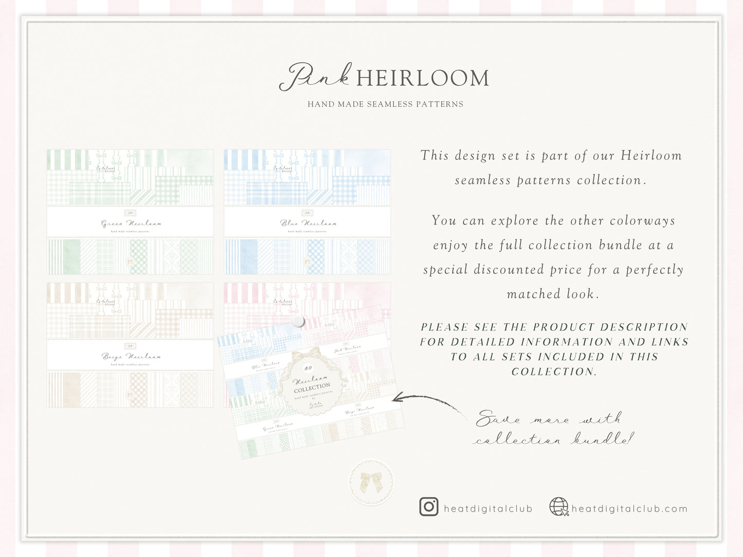 Pink Heirloom - Seamless Patterns, Classic Stripe Gingham Damask Bows Repeating, Elegant Pink Digital Paper | 20 JPEG