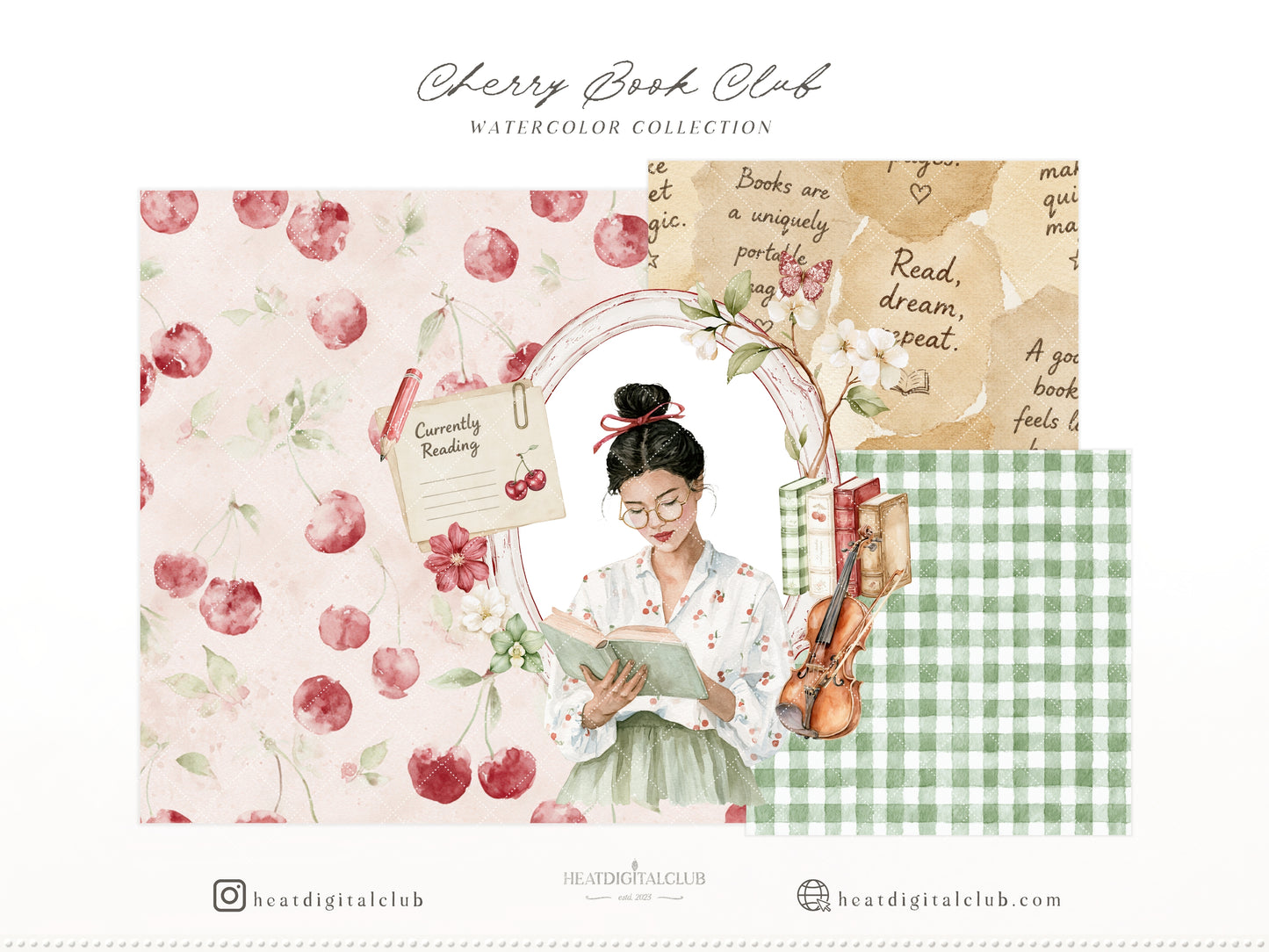 Cherry Book Club - Clipart, Bookish , Reading Girl, Matcha Latte, Cherries, Vintage Books, Seamless Patterns | 90 PNG/JPEG