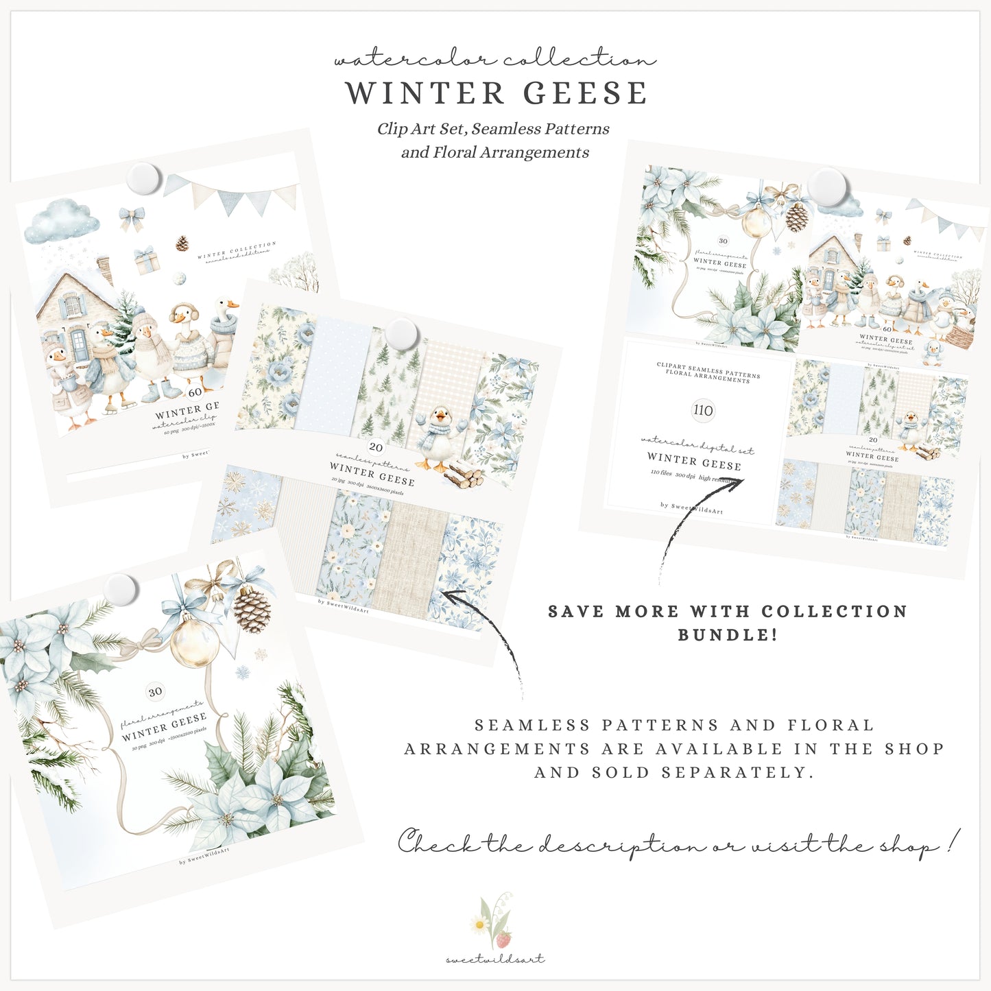 Winter Geese - Clipart, Cute Silly Goose, Cozy Animals, Baby Goose, Baby Shower | 60 PNG