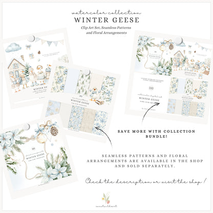 Winter Geese - Clipart, Cute Silly Goose, Cozy Animals, Baby Goose, Baby Shower | 60 PNG