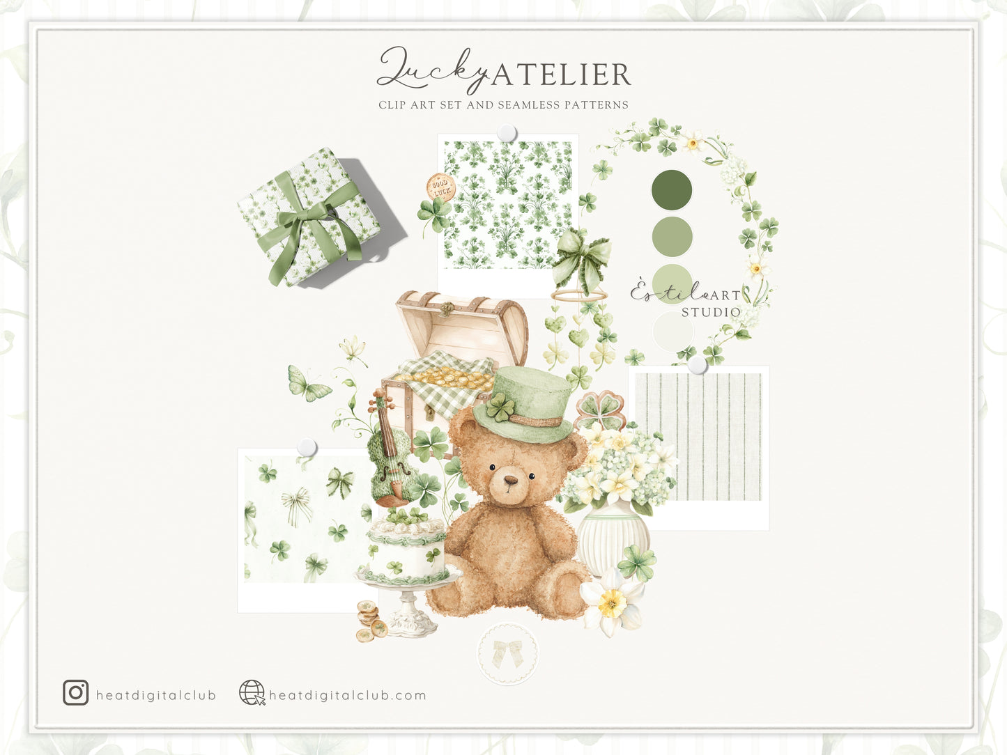 Lucky Atelier - Clipart, St Patrick’s Day Nursery, Irish Baby Toys, Clover, Green Vintage Children | 100 PNG/JPEG