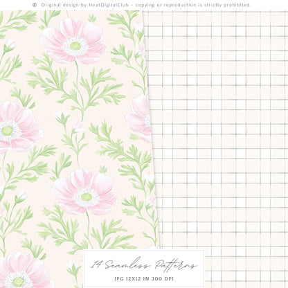 Grandmillennial - Seamless Patterns, Set 4, Pastel Floral, Stripes, Plaid, Glitter | 14 JPEG