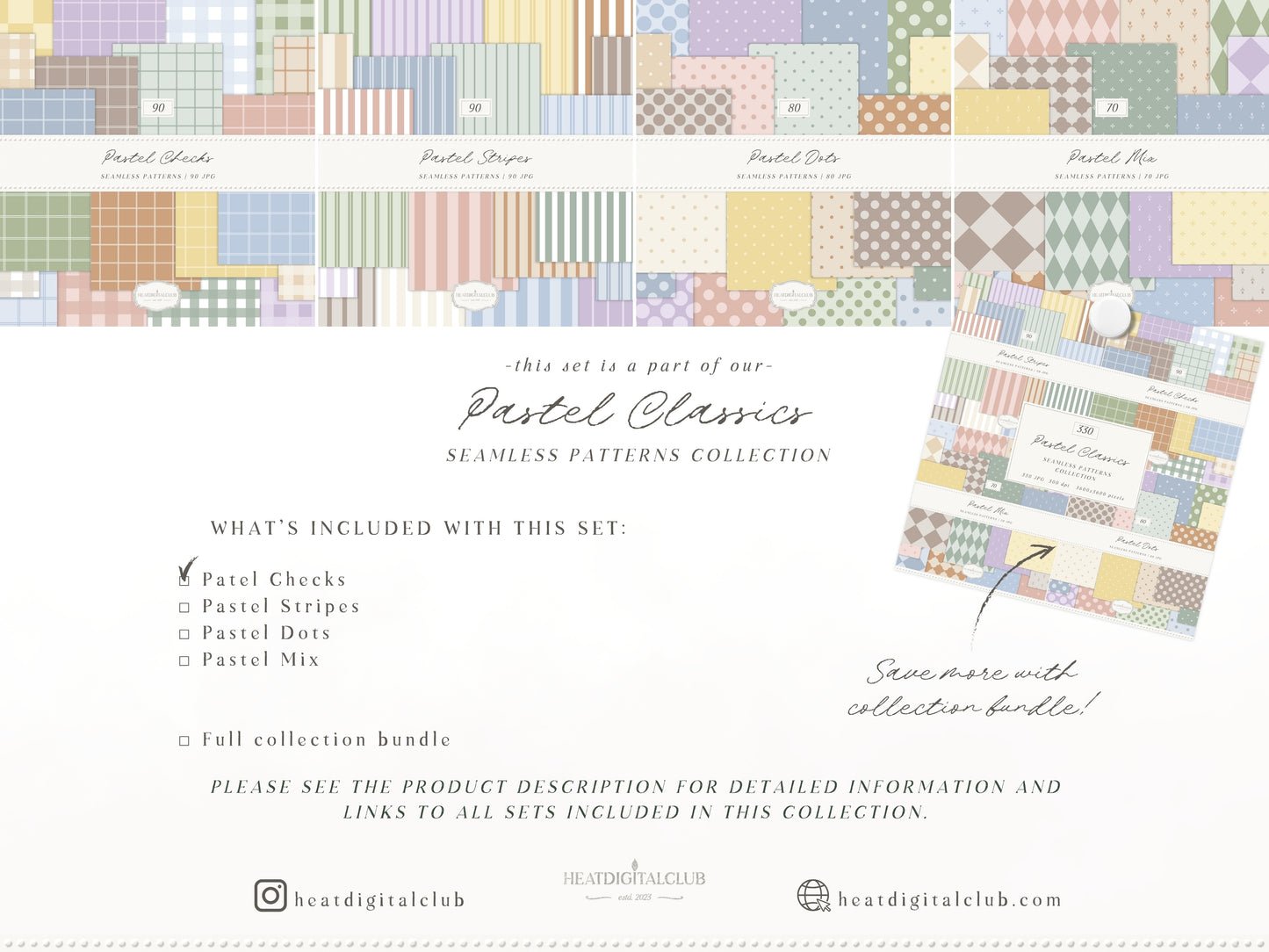 Pastel Checks Seamless Patterns, Modern Gingham Plaid Collection | 90 JPEG