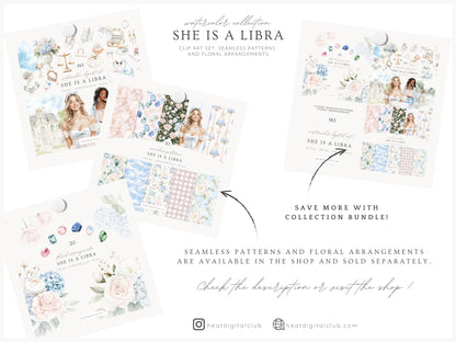 She is a Libra - Watercolor Clipart, Zodiac, Balance Scales, Feminine Zodiac, Astrology | 60 PNG
