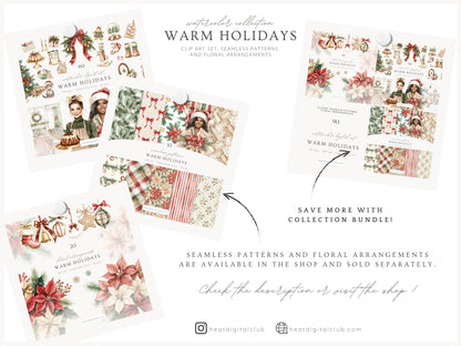 Warm Holidays - Watercolor Clipart Set, Cozy Winter, Christmas, Cottagecore | 60 PNG