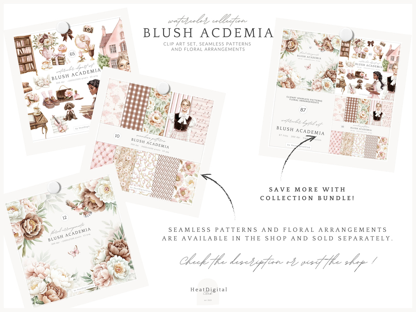 Blush Academia - Light Academia, Study Girls Clipart, Books, Bookworm | 65 PNG