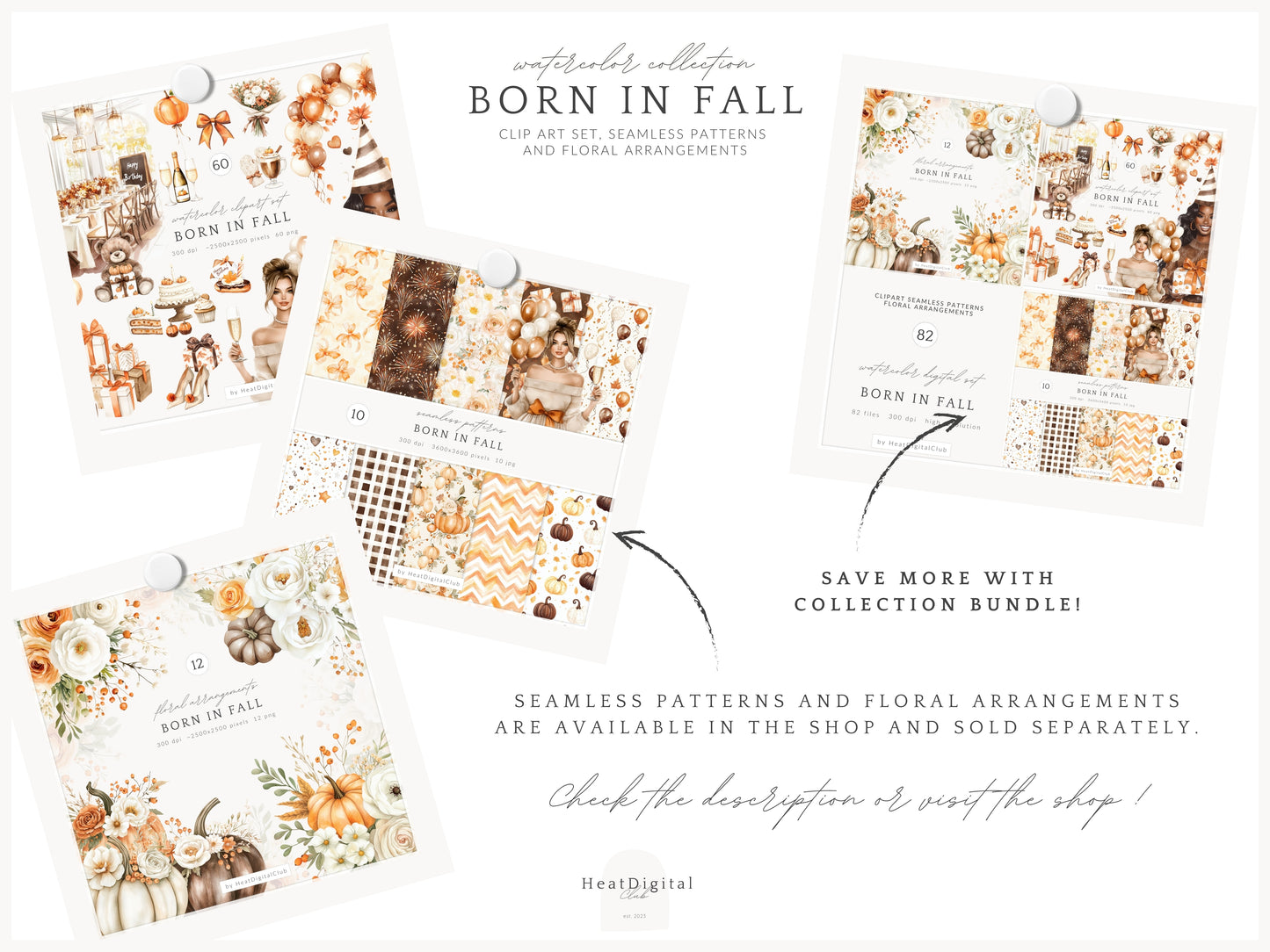 Born In Fall - Birthday Girl Clipart, Autumn Balloons, Cakes and Gifts, Party | 60 PNG