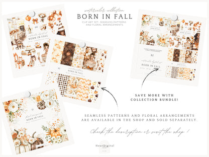 Born In Fall - Birthday Girl Clipart, Autumn Balloons, Cakes and Gifts, Party | 60 PNG
