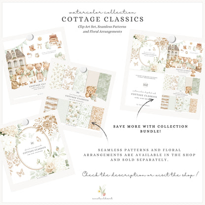 Cottage Classics - Teddy Bears Clipart, Kids Nursery, Vintage Toys, Grandmillennial | 60 PNG