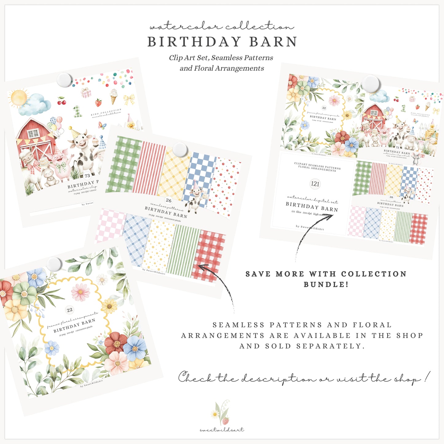 Birthday Barn - Farm Animal, Kids Party Clipart, Cow, Pig, Baby Shower | 73 PNG