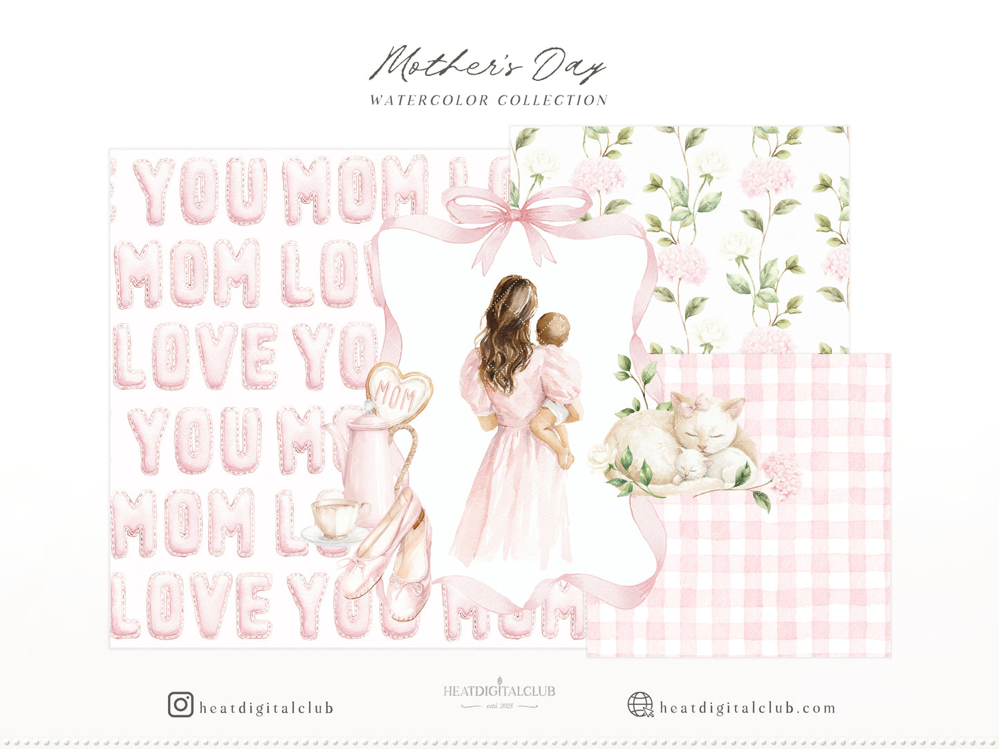 Mother's Day - Clipart, Mom & Baby, Animals, Soft Pink, Love you Mom, Feminine | 75 PNG/JPEG