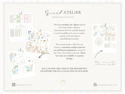 Grand Atelier - Baby Nursery Clipart, Vintage Toys, Teddy Bear, Bunny, Pastel Baby Shower, Grandmillennial | 78 PNG