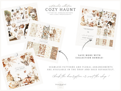 Cozy Haunt - Soft Halloween, Neutral Clipart, Autumn Ghost, Spooky | 60 PNG