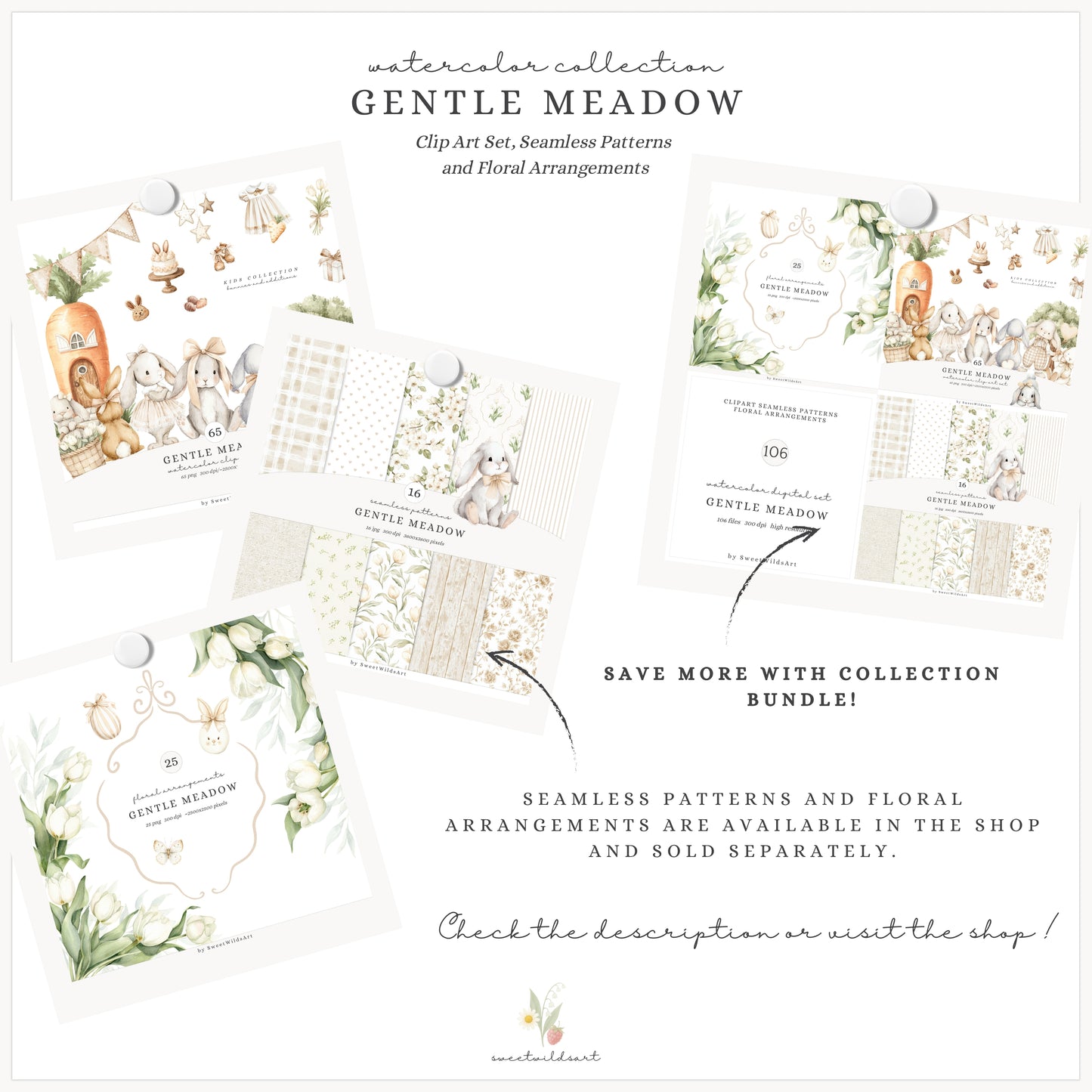 Gentle Meadow - Bunny Clipart, Cute Easter Rabbits, Neutral Cottagecore, Baby Shower, Nursery | 65 PNG
